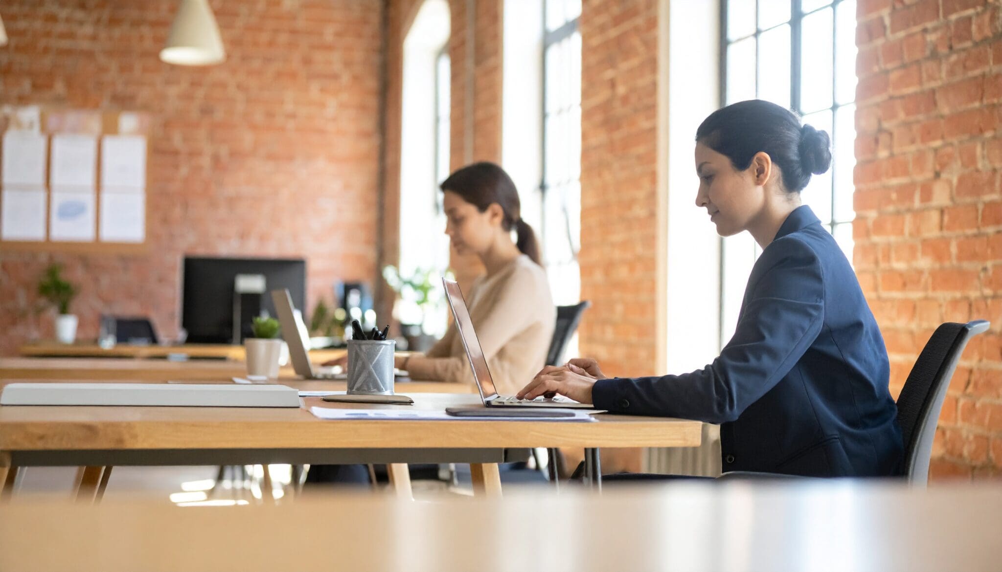 A photorealistic, candid shot of two professionals working collaboratively on laptops in a modern office setting, representing a discussion about marketing automation platforms.