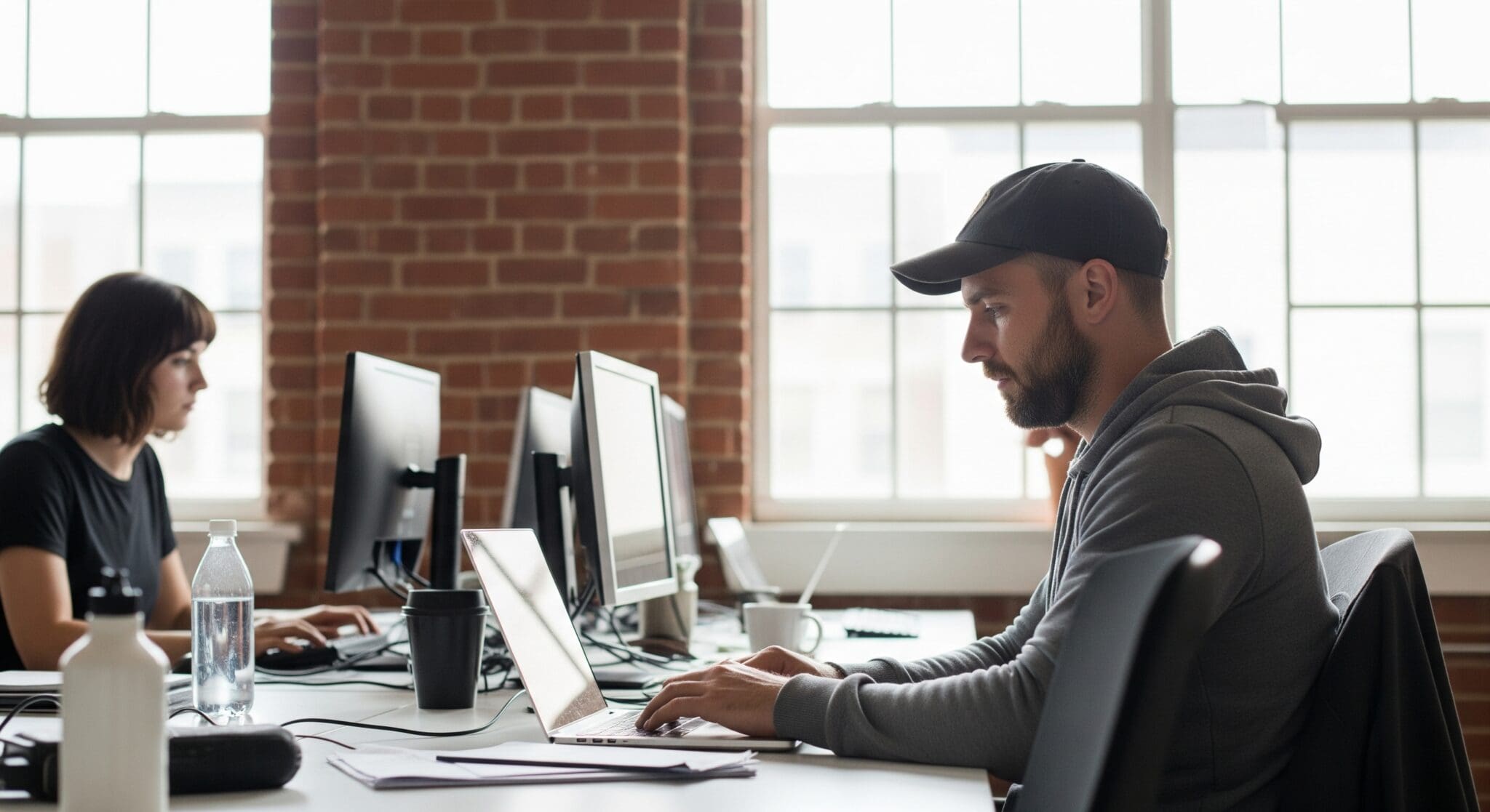 A Cloud Connects consultant works on a laptop to deliver a Salesforce Sales Cloud solution in a modern, collaborative office.